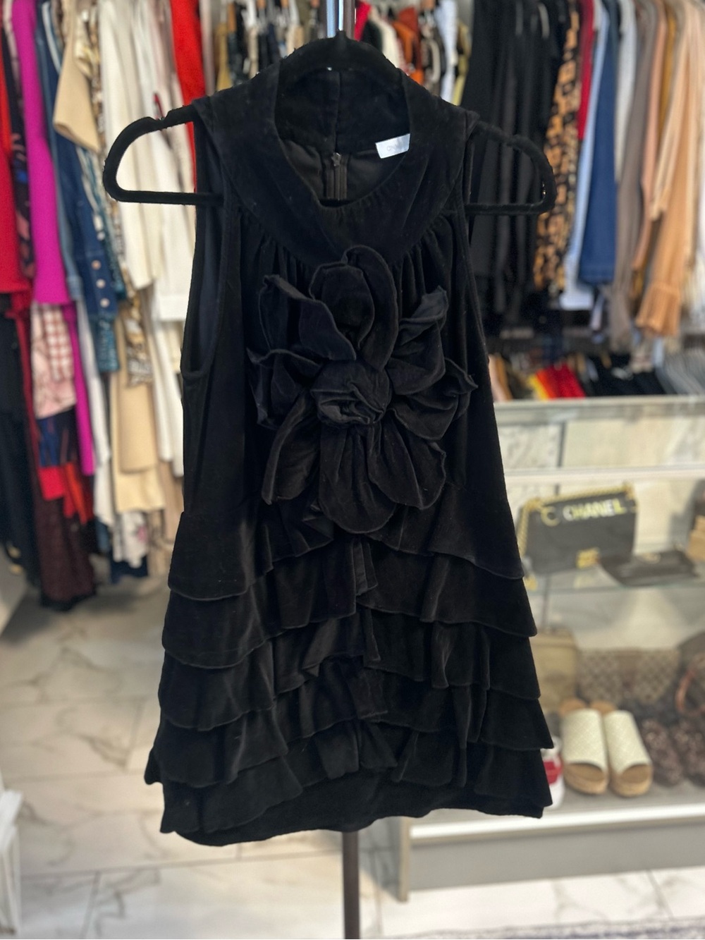 Anne Fontaine velour high neck mini shift dress ruffled rosette detail